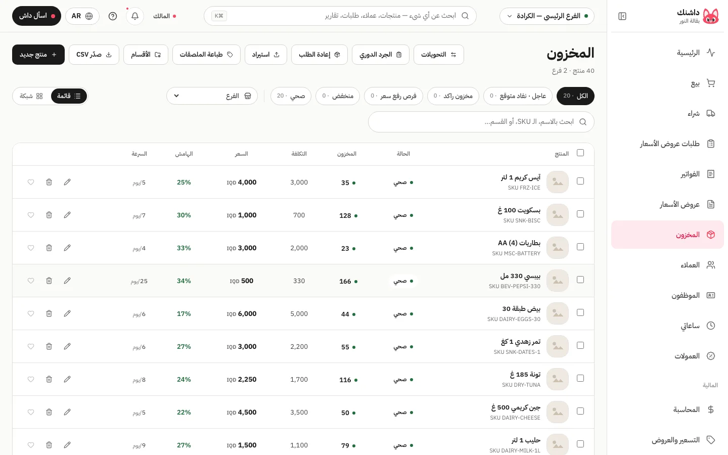 قائمة المخزون في داشنك مع الكمية والتكلفة والسعر وهامش الربح لكل منتج