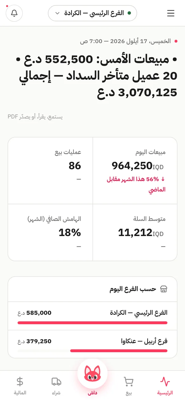 الشاشة الرئيسية لداشنك على الهاتف